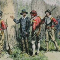 An artistic depiction of John White’s 1590 expedition to Roanoke Island, when he found the colony deserted and the word “Croatoan” carved into a post.
