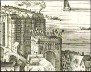 An old black-and-white illustration of the medieval London Bridge spanning the River Thames. The bridge features a large fortified gate with heads of executed prisoners displayed on spikes atop the gate. Tall buildings and houses surround the bridge, and ships are seen sailing on the river in the background. The image reflects a historical scene from London during the medieval or early modern period.