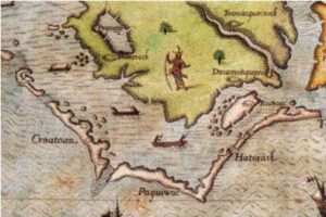 A historical map from 1591, depicting the area around Croatan. The map is detailed with coastal features, showing waterways, small ships, and a depiction of a Native American figure with a bow and arrow. The labeled areas include Croatoan and nearby land regions.