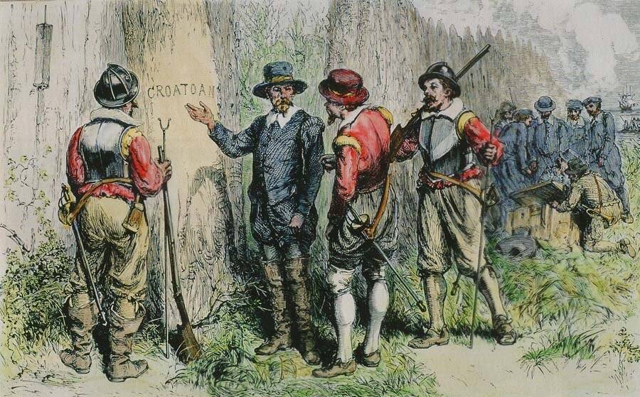 An artistic depiction of John White’s 1590 expedition to Roanoke Island, when he found the colony deserted and the word “Croatoan” carved into a post.