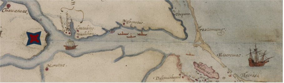 Enhanced fort image showing location fifty miles west of Roanoke Island.